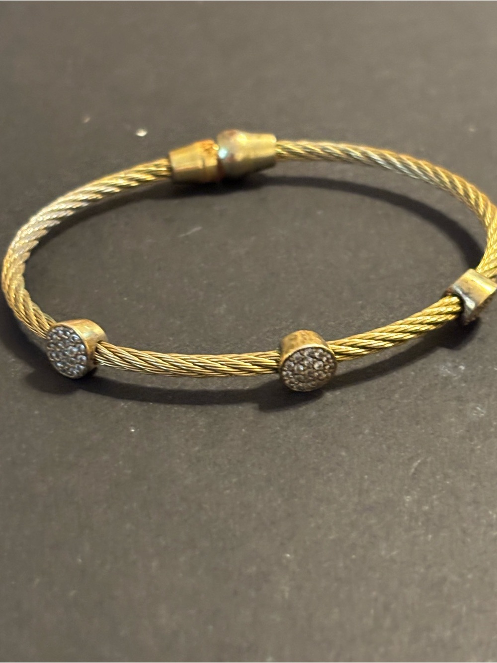 925 Sterling Silver Gold Tone Twisted Cable Wire Bangle Bracelet CZ Stations
